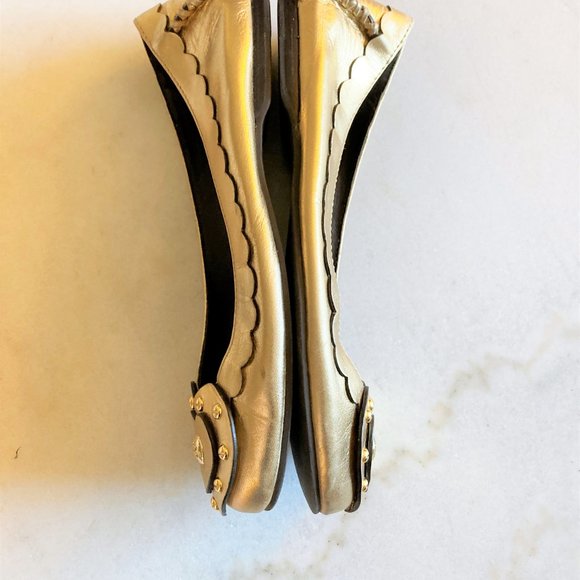 Tory Burch gold leather ballet flat shoes 9M heart / studs, TB logo, metallic - Picture 6 of 12